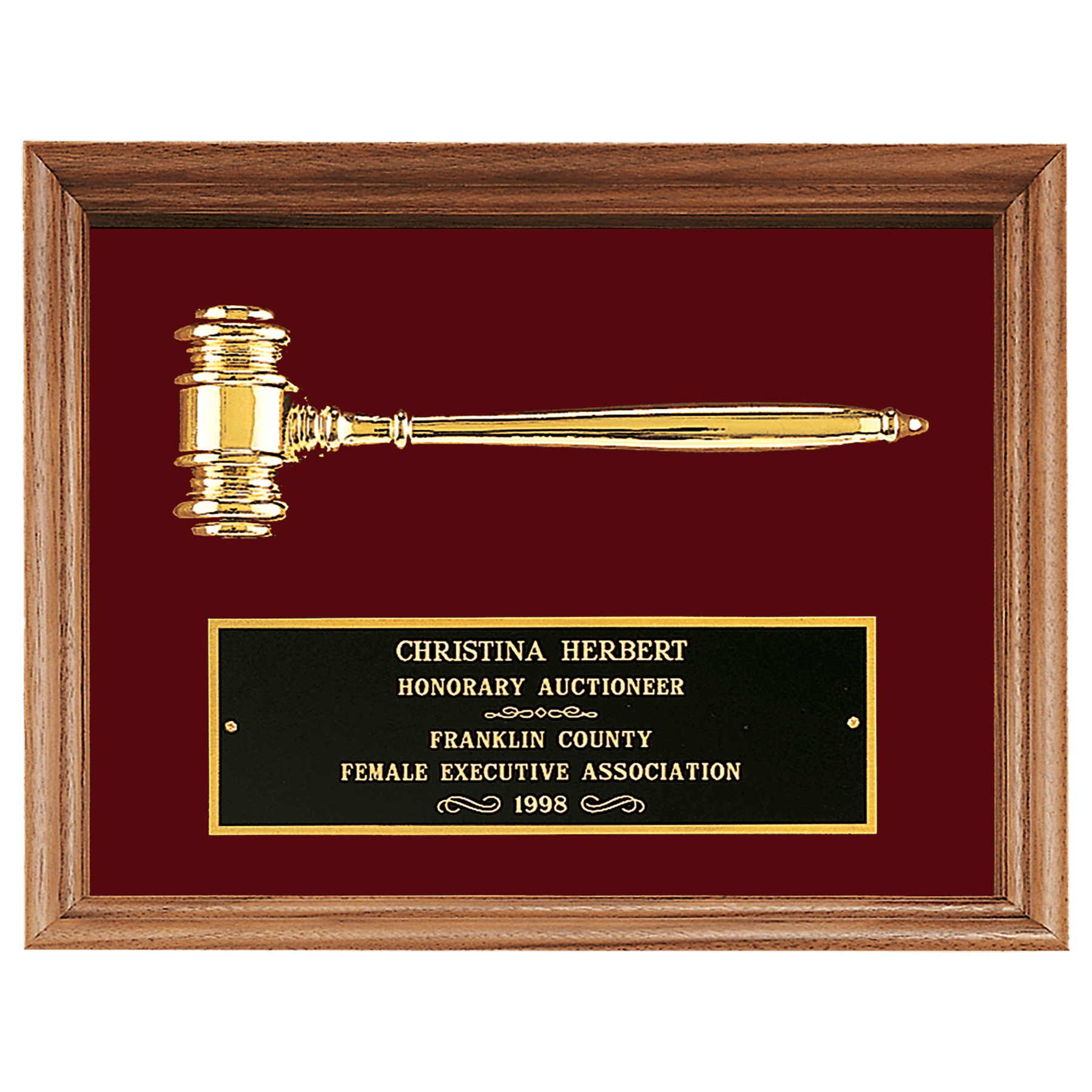 10" x 13" Gold Electroplated Gavel in a Walnut Frame with Maroon Velour Background and Laserable Brass Plate