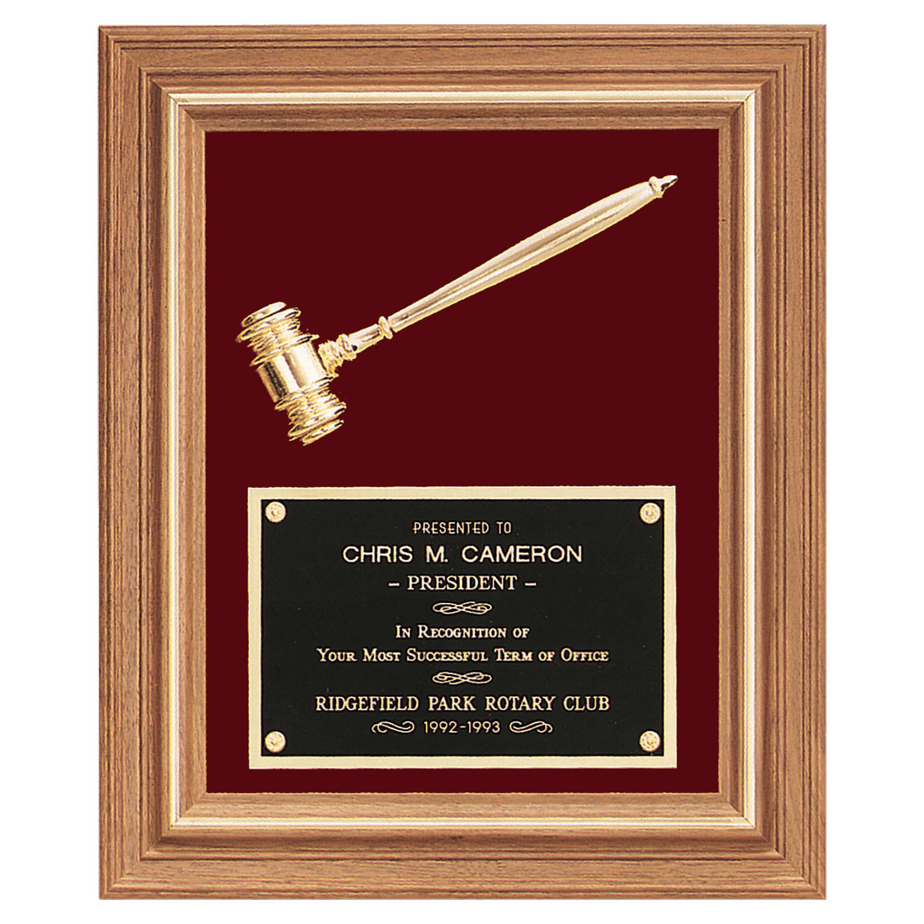 15" x 18" Gold Electroplated Gavel in a Walnut Frame with Maroon Velour Background and Laserable Brass Plate