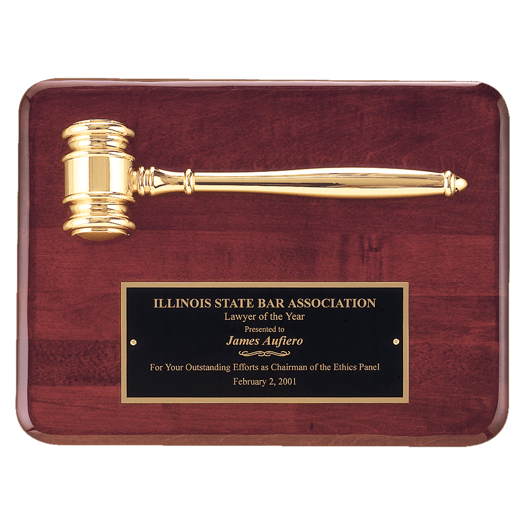 9" x 12" Rosewood Piano Finish Plaque with a Gold Electroplated Gavel and Laserable Brass Plate for Personalization