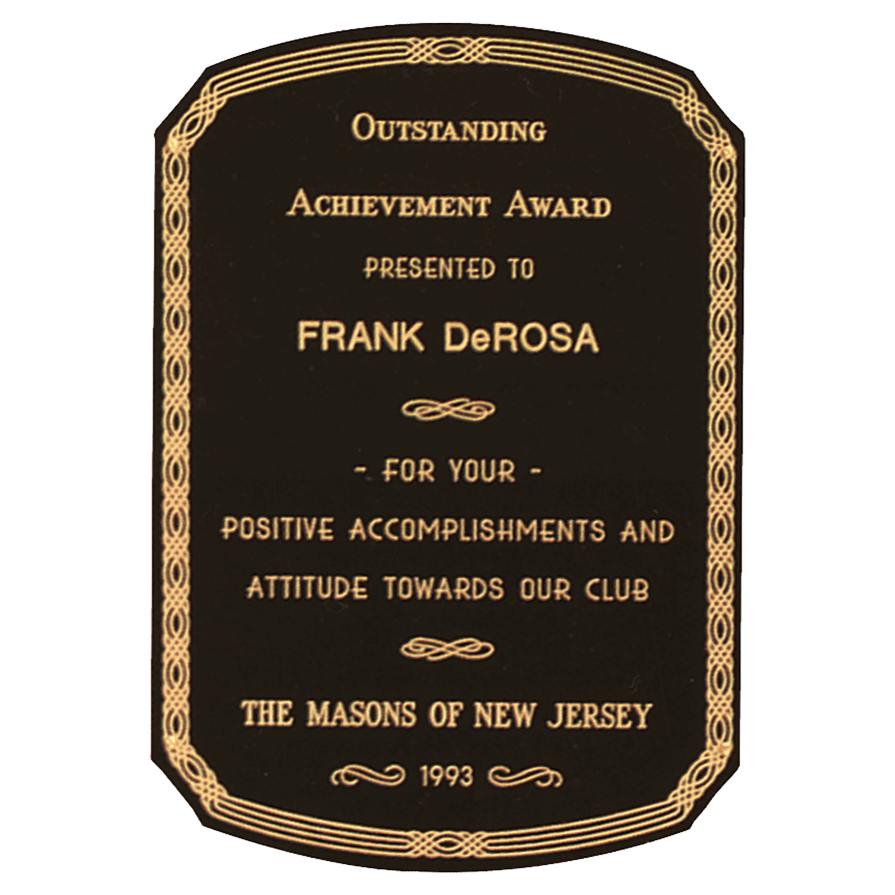 7 1/8" x 10 1/8" Black Laserable Brass Plate with Notched Corners, Rounded Top and Bottom, Design Border and Four Holes  (Fits P1091)
