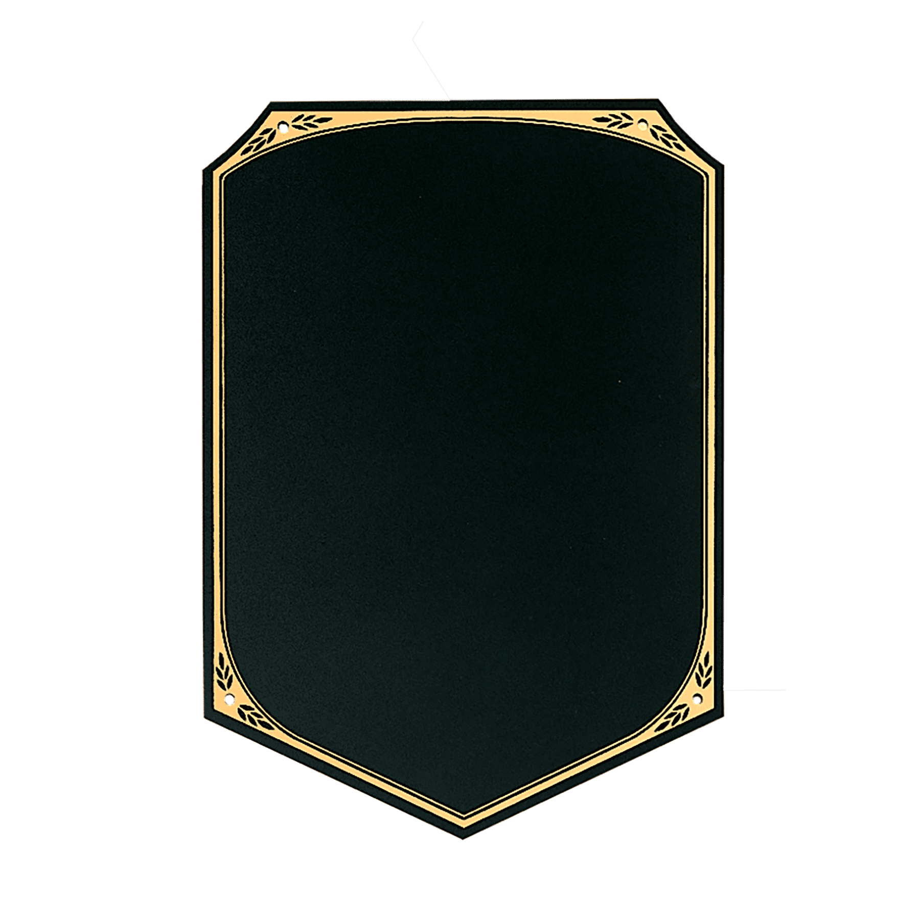 6" x  8 5/8" Laserable Black Brass Plate with Pointed Bottom, Leaf Design Florentine Border and Four Holes  (Fits P1647)