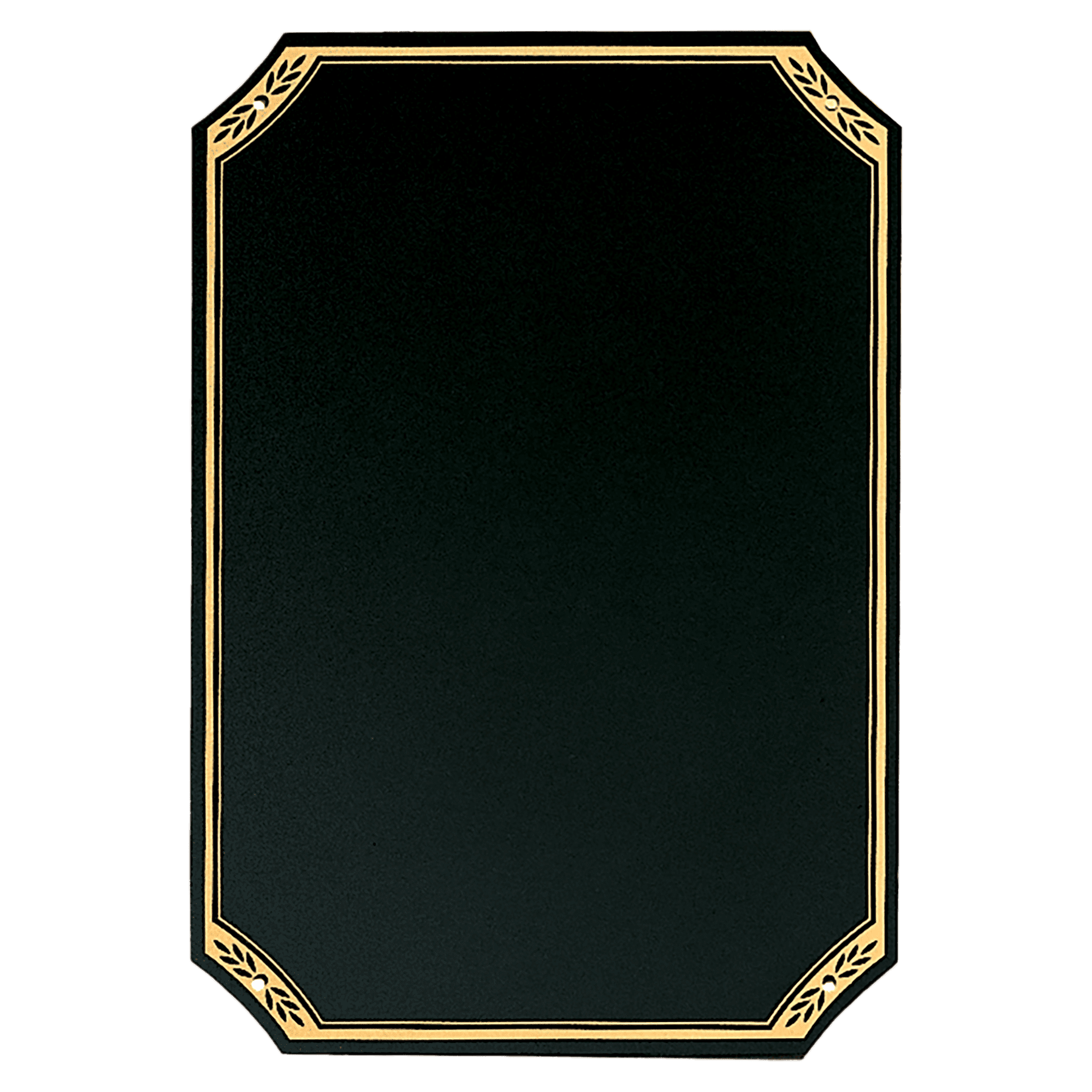 9" x  13" Black Laserable Brass Plate with Notched Corners, Leaf Design Florentine Border and Four Holes  (Fits P1644)