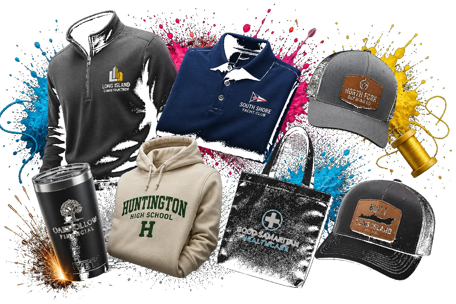 Decorated apparel from real Long Island businesses — embroidered quarter-zip, polo, hats with leather patches, DTF hoodies and tote, laser-engraved tumbler — produced in-house at On The Island Apparel in Huntington, NY